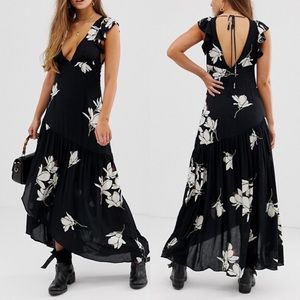 Free People NWT Floral Black Maxi Dress Ruffle